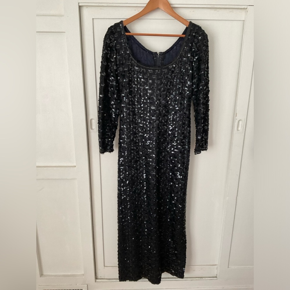 Vintage Lee Jordan Black Sequin Dress Full Length Union Made Scoop Neck  Size 10